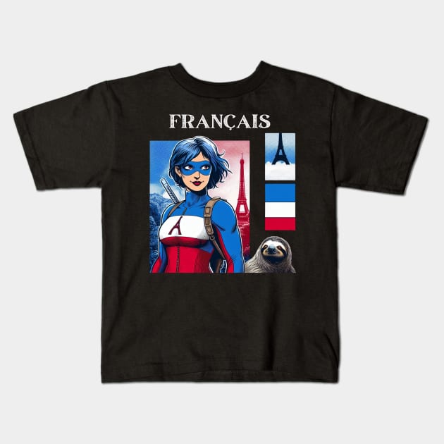 Francais: Female 90's Comic Book Hero with Sloth Cover Kids T-Shirt by Woodpile